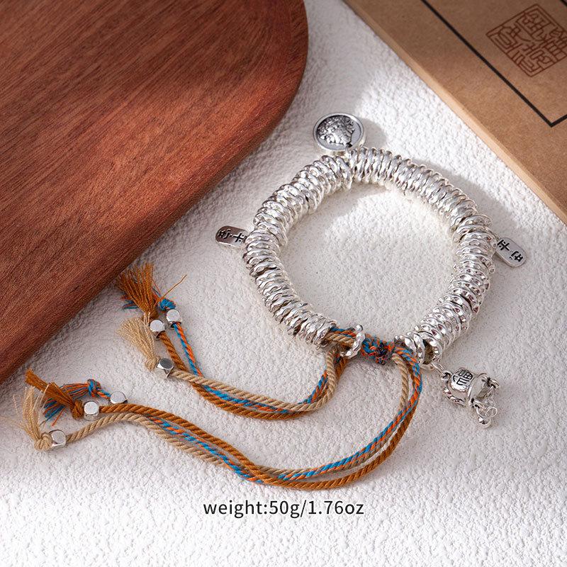 Coiled Broken Silver Bracelet, Gold-Swallowing Beast Handmade Braided Rope Bracelet, Adjustable Safety Hand Rope Lucky Jewelry