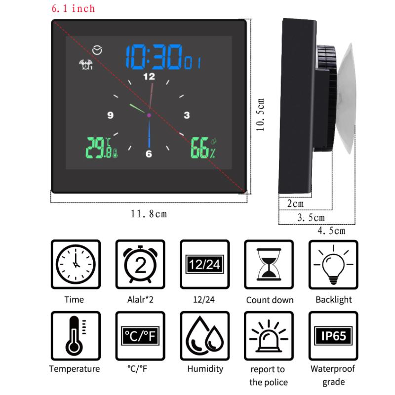 TS-WP10 Color Screen Alarm Clock Temperature Humidity Display Waterproof Bathroom Clock with Suction Cup