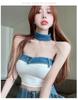 Color Block Patchwork Denim Bandeau Top - Trendy European American Summer Buttoned Sexy Short Top