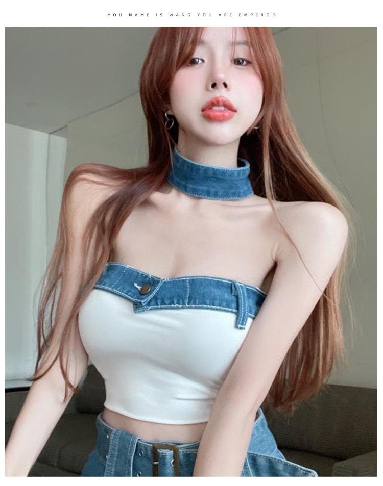 Color Block Patchwork Denim Bandeau Top - Trendy European American Summer Buttoned Sexy Short Top
