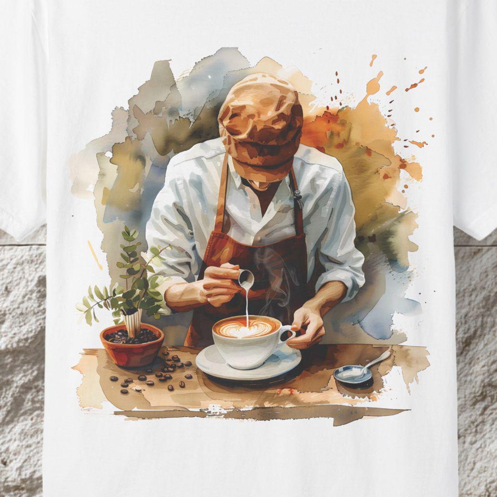 Barista Latte Art T-Shirt, Watercolor Coffee Lover Tee 4XL