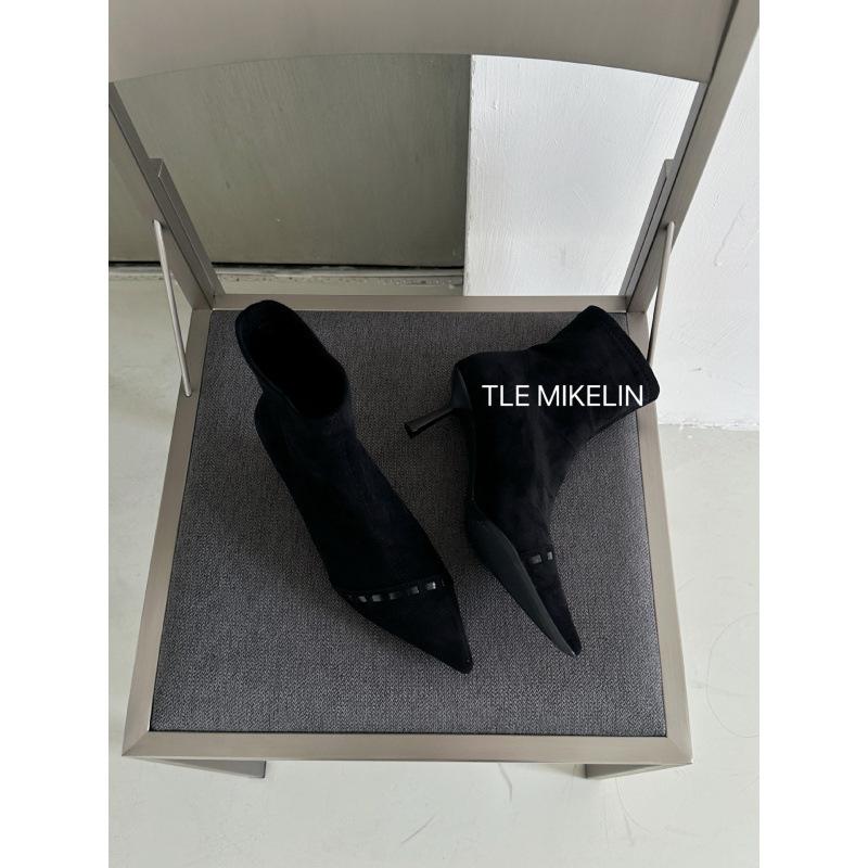 French pointed stitched short boots women's 2025 autumn sleeve elastic thin boots thin heel temperament fashion boots and ankle boots