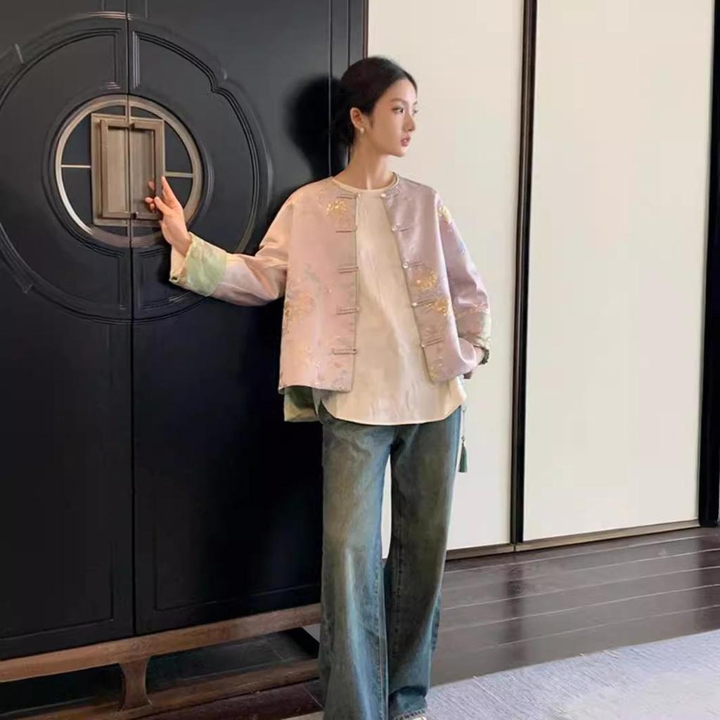 2024 Retro prošívaná vyšívaná bunda v čínském stylu se žabími knoflíky