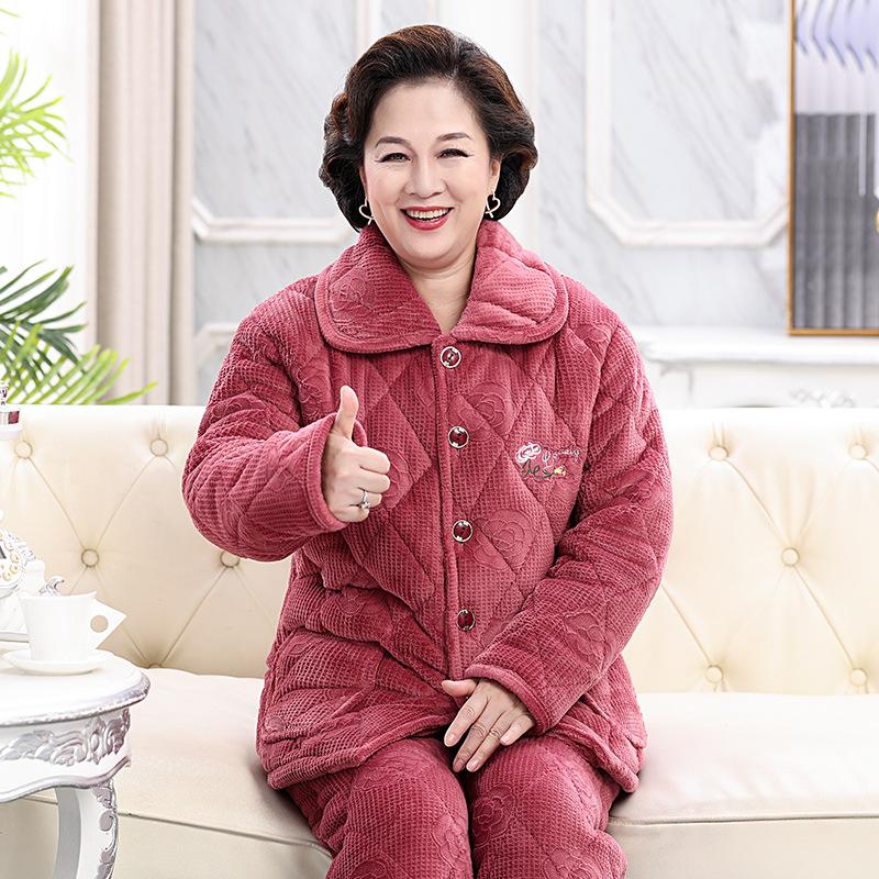 Thickened And Velvet Three-Layer Padded Pajamas Women'S Winter Coral Fleece New Large-Size Loungewear Simple And Casual