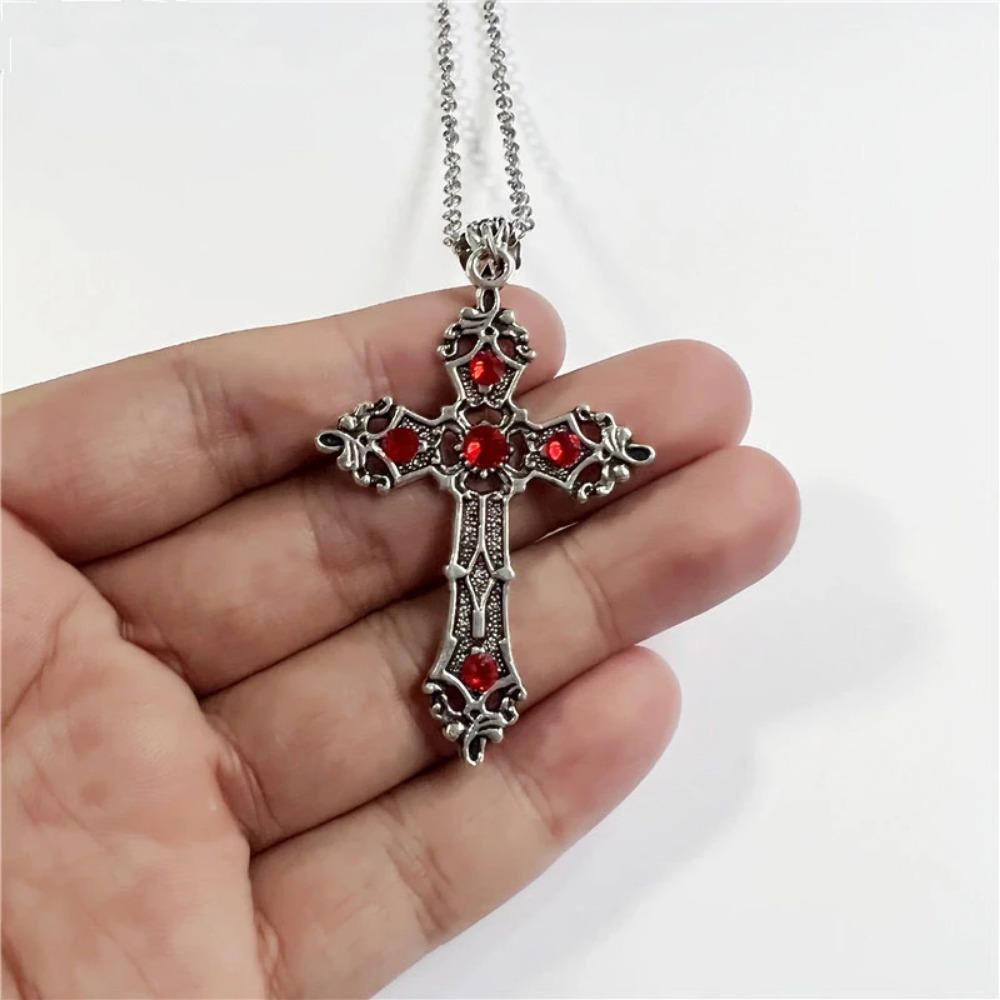 Simple Fashion Creative Trend Gothic Large Baroque Christian Cross Pendant Necklace Micro Inlaid Red Crystal PrayerAmuletZircon