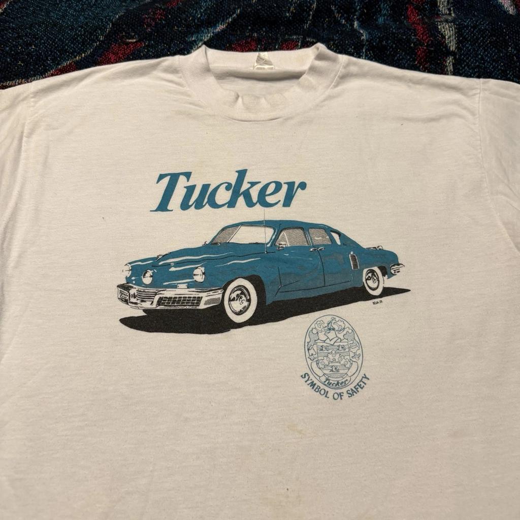 Vintage 90s Tucker Symbol of Safety Car Shirt Men's L White Blue Motors Retro