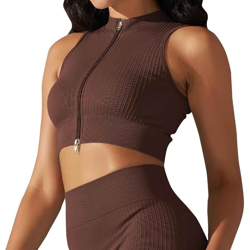 Women's Fashion Seamless Knit Tight Breathable Yoga Sexy Comfortable Casual Sports Running Fitness Top With Zipper