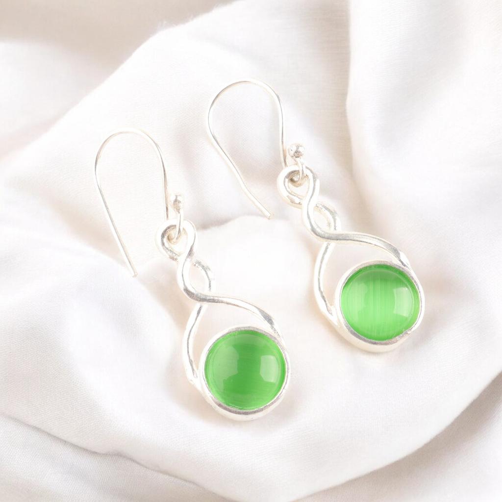 Vintage Green Cat's Eye Gemstone 925 Sterling Silver Jewelry Earrings For Women CE-15-39