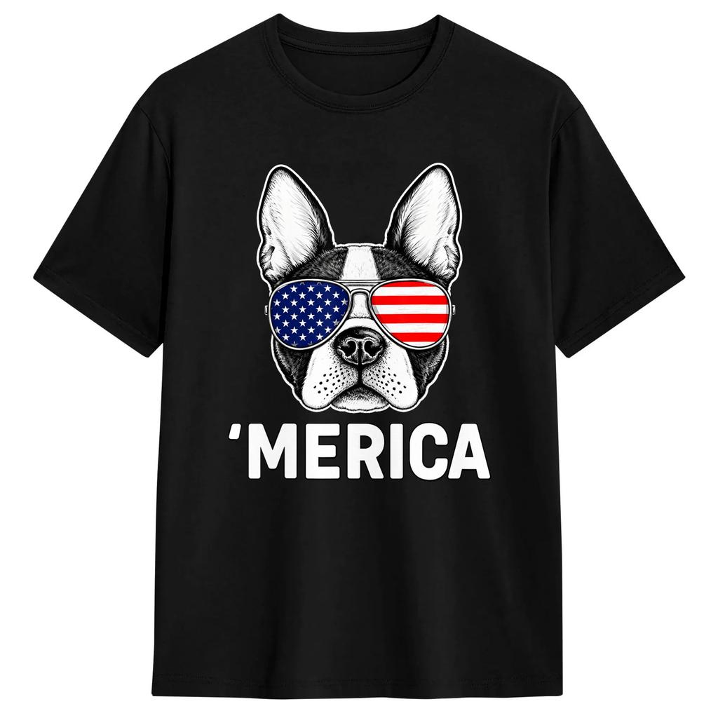 Boston Terrier 4th Of July Patriotic Dog Tshirt Trending T Shirts Shortsleeved Streetwear Tshirt 100 Cotton Oversize Tees