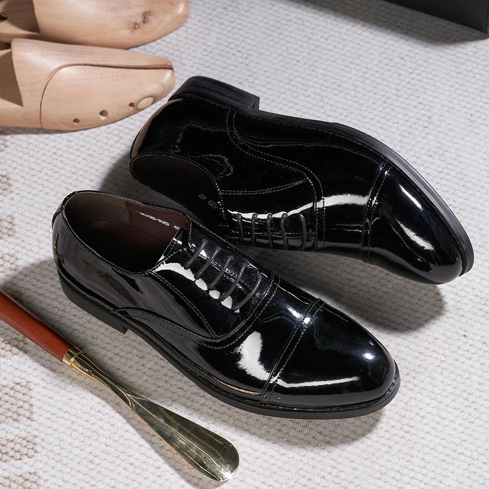 Fashion Luxury Mens Oxfords Genuine Patent Leather Solid Cap Toe Wedding Party Dress Shoes for Men Lace-Up Career Office Formal Footwear