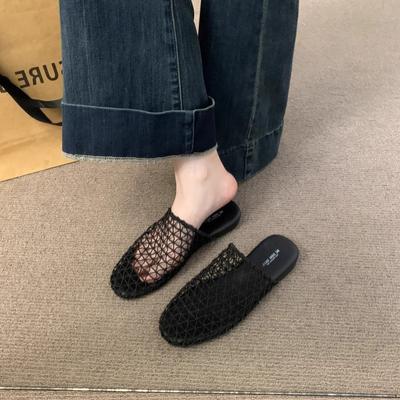 French Flat-bottomed Bag Head and Half Slippers for Women's Summer Wear 2025 New Mesh Hollow Hole Shoes, One Foot Cool Slippers