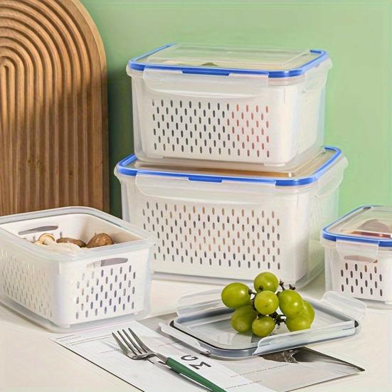 Food Storage Container with Drain Basket BPA Free Large Capacity Leak Resistant Fridge Vegetable Organizer Box