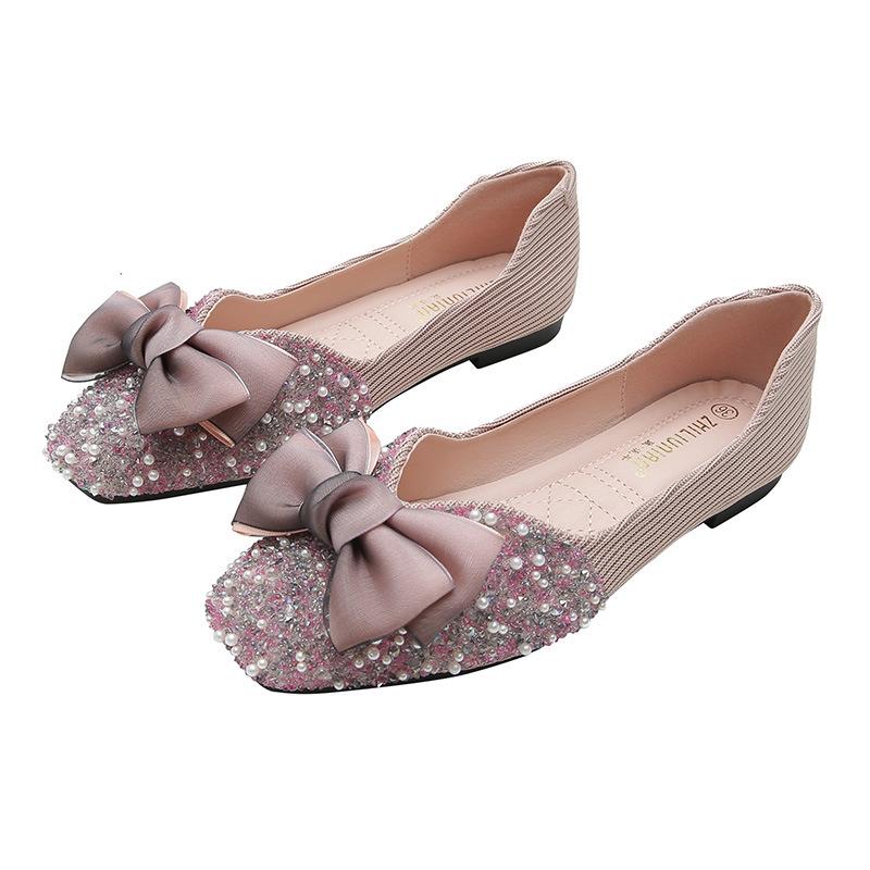 New Pearl Rhinestone Square Head Single Shoes Soft Sole Casual Flat Bottom Large Size