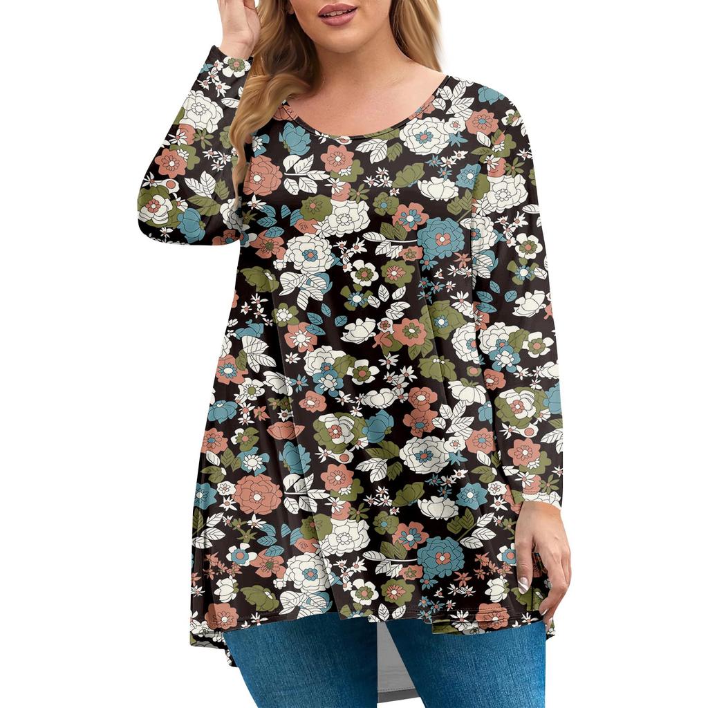 Women's Plus Size Top, Garden Collar Long Sleeved Shirt, Fashionable Floral Print Casual Top
