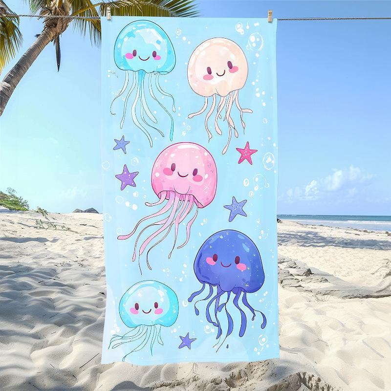 Navy Blue Seashell Beach Towel, White Starfish & Coral Print Quick-Dry Towel