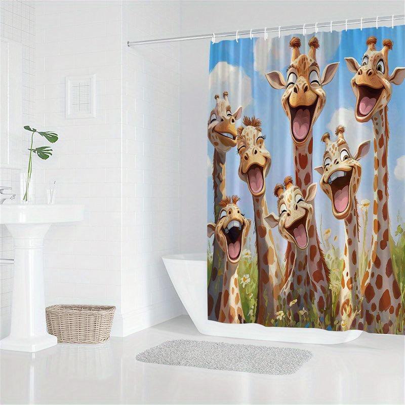 Giraffe Shower Curtain 180x180cm – Cartoon Orange Giraffes On Blue Sky Green Grass, Kids Bathroom Decor, 12 Hooks