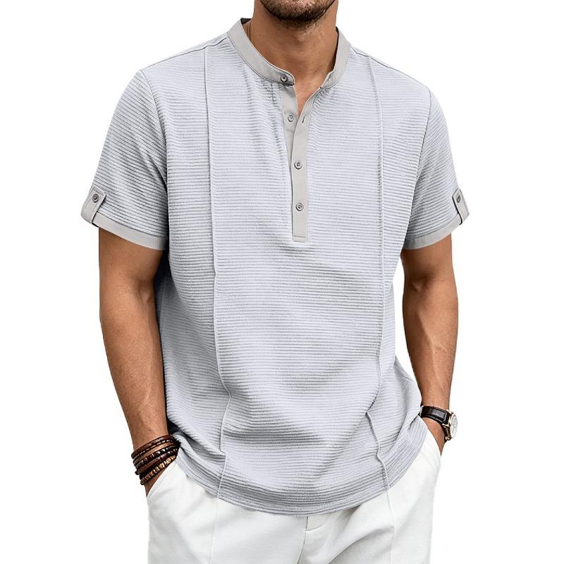 Mens American Retro Textured Henley Short Sleeve Casual Loose Vacation Commuter T Shirt