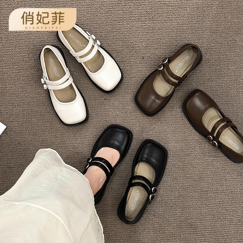 Flat bottom square head Mary Jane shoes women's summer with skirt French small leather shoes 2025 new shallow mouth fashion single shoes women