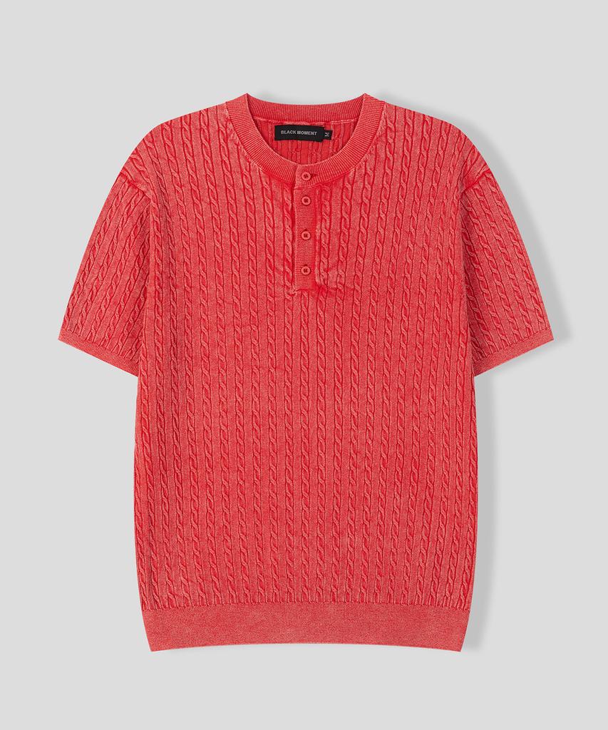 BLACK MOMENT Summer Cable Knit Henley Neck Short Sleeve Tee [Light Gray]