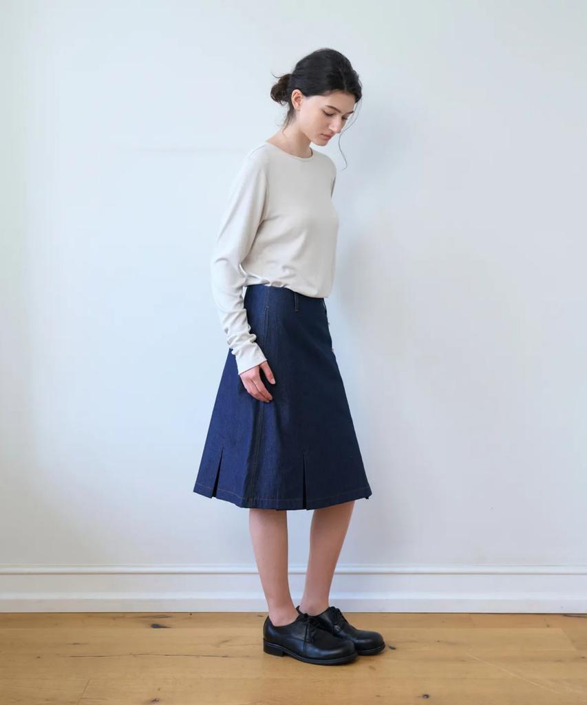 Eoldileu Low Rise Pleated Denim Midi Skirt, Dark Blue