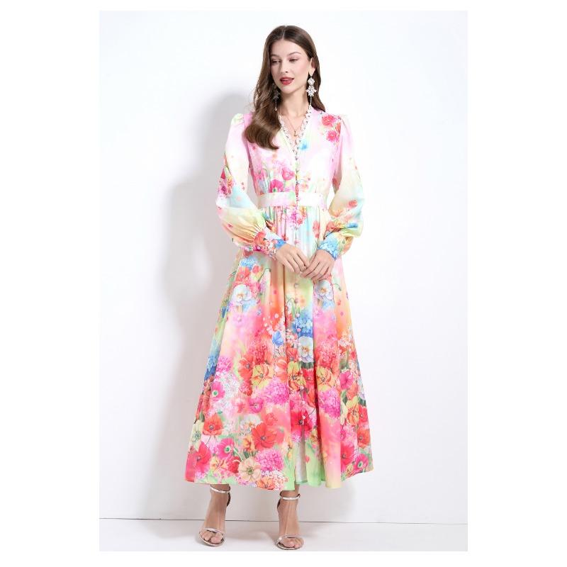 Spring Autumn Women V-neck Single Breasted Print Long Maxi Holiday Beach Dresses