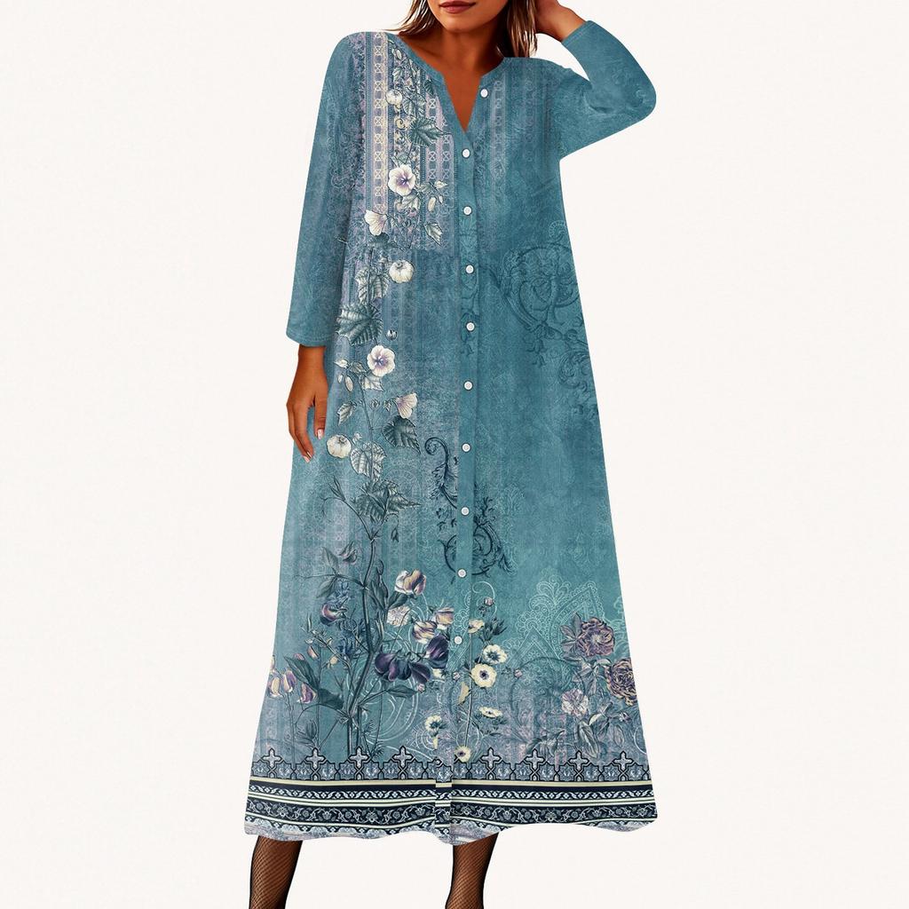 Women's Fashionable Printed Round Neck Seven Quarter Sleeve Button Loose Shirt Dress