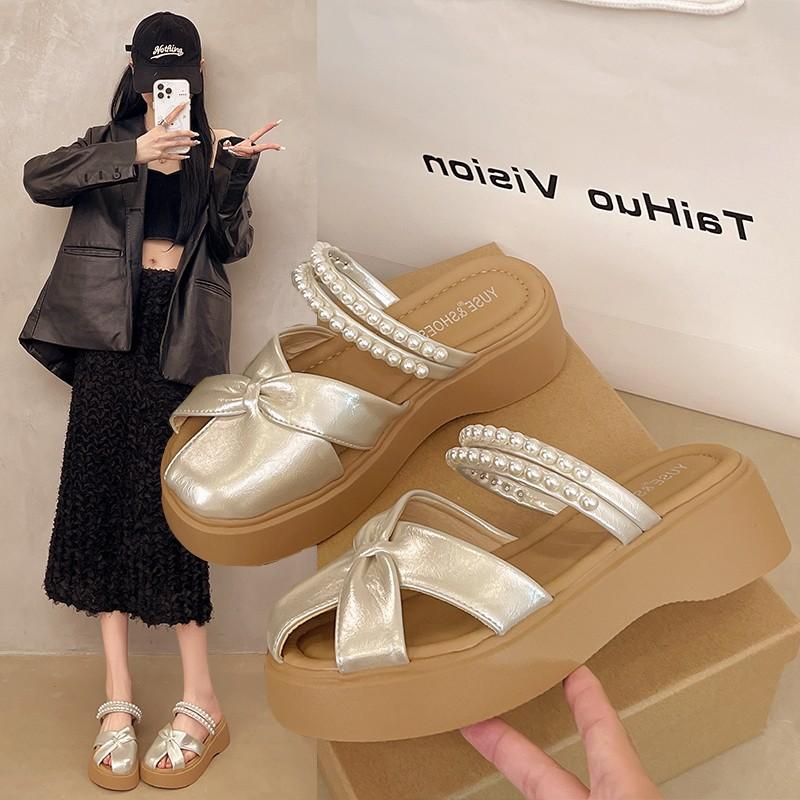 Hollow Bag Head Half Slippers Women's Summer Wear 2025 New Beaded Bow with Skirt Thick Bottom Heightening Cool Slippers