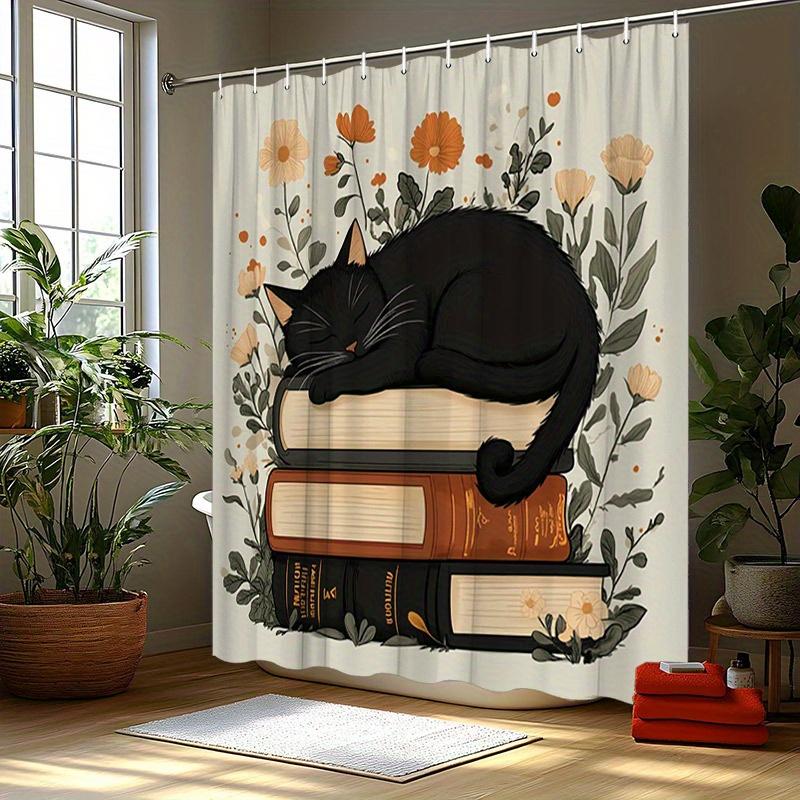 

Whimsical Black Cat & Books Shower Curtain -Vintage Style With Pastel Flowers,Soft Beige Backdrop, Polyester,Cozy Bathroom Decor W60H190(CM)-1 Pcs