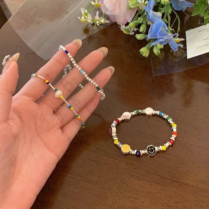 iF ME Colorful Bead Broken Silver Chain Bracelet for Women Artificial Pearls  Smiling Face Bracelets Jewelry Accessories