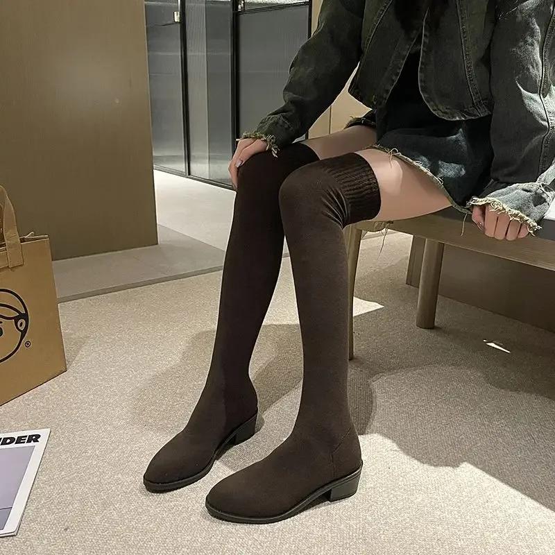 Fashion Knee High Shaft Shoes Woman Middle Heel Thigh Long Boots for Women Pointed Toe Above Over The Y2k On Offer Spring Autumn Work Pu