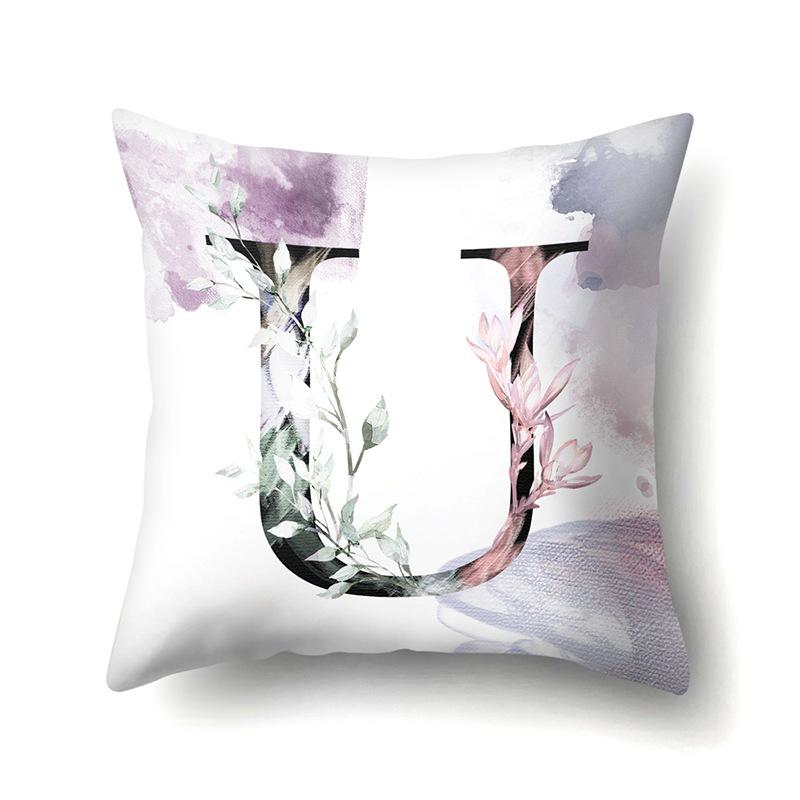 Polyester Pillowcase Home Watercolor Flower Print Pillowcase 26 English Letters Bedside Cushion Cover