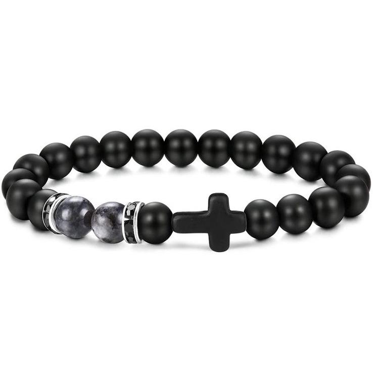 New Retro Cross Natural Stone Bracelet Tiger Eye Stone Lava Volcanic Stone Elastic Bead Men's Bracelet