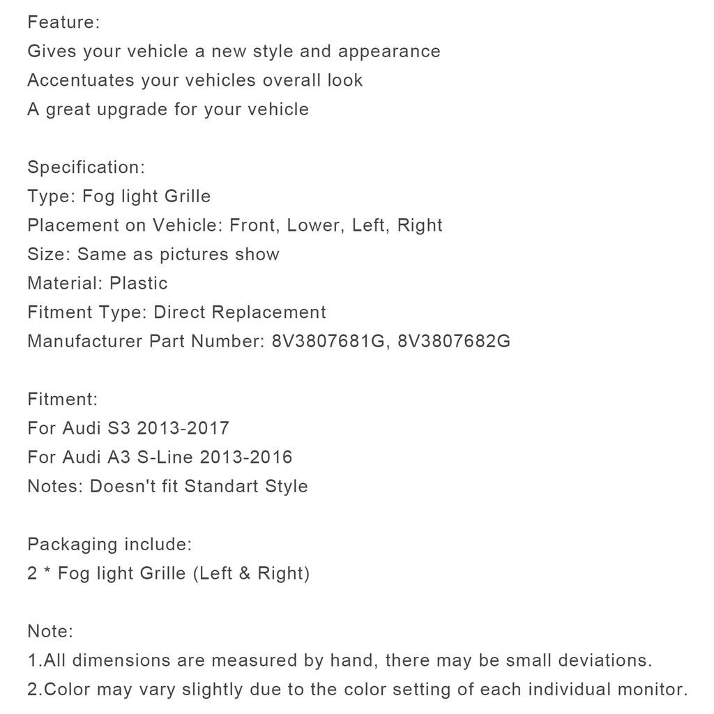 Lower Bumper Fog Light Cover Grill Grille 8V3807681G 8V3807682G Fit for A3 S3 S-Line 2013-2016