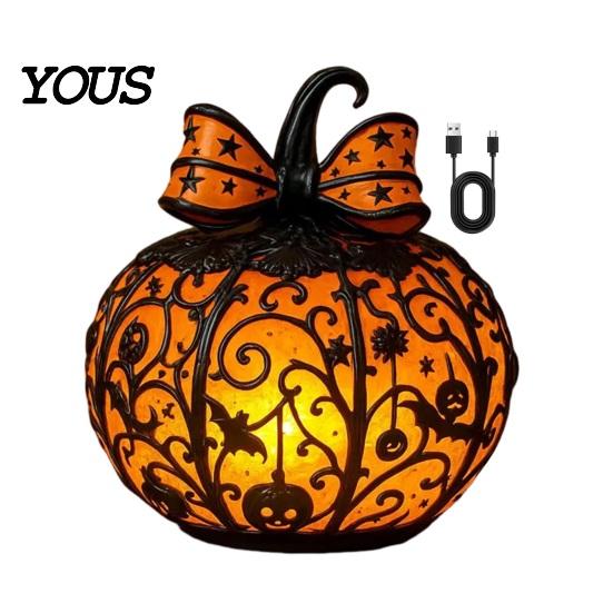 Warmes Nachtlicht 1/2 Stück Halloween Schleife Kürbislicht, Buntglas Schreibtischlampe, Gruselige Jack-o'-Lantern Nachtdekoration für Zuhause Büro Harzlichter
