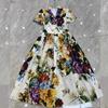 Summer Vintage Print Floral Women Short Sleeve Blazer Collar Long Maxi Party Dresses