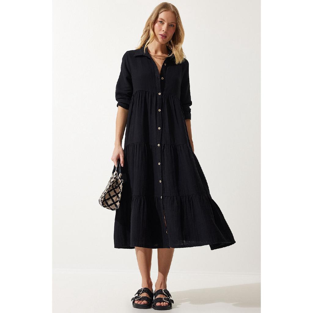 Women's Beige Muslin Flared Shirt Dress Sa00024