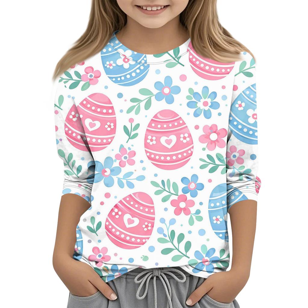 Children's Easter Printed Round Neck Seven Quarter Sleeve Casual T-shirt