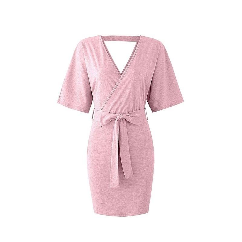 Women Casual V-neck Short Sleeve Wrapped Dress Lace Up Mid-skirt Summer Loose Dress