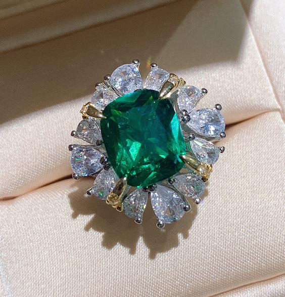 Jewelry Ring Female Simulation Emerald Ring Diamond Women'S Ring Main Stone 10 * 12