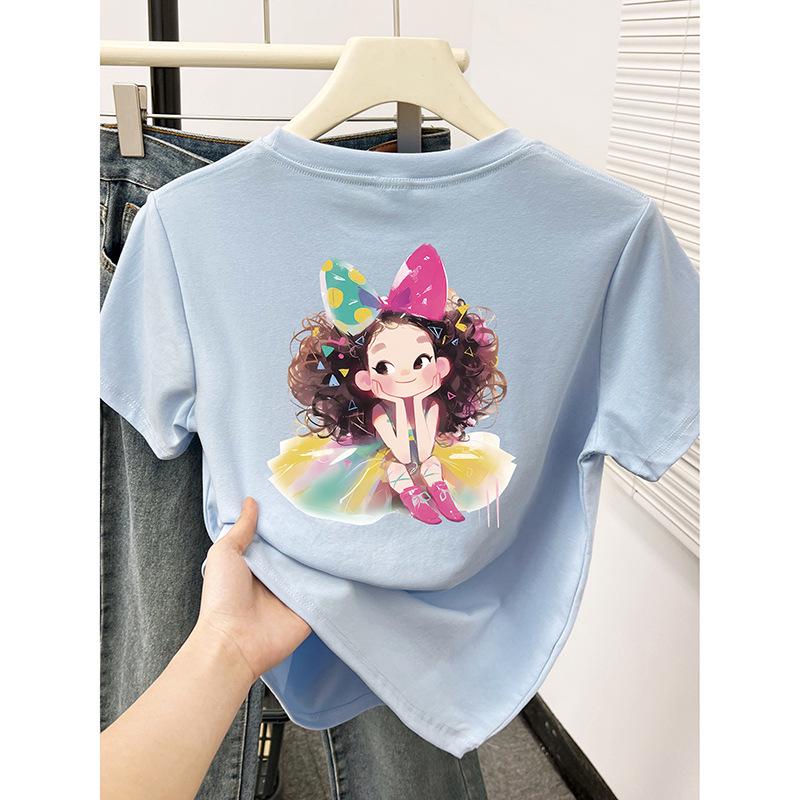 

2024 Korean Style Slim Fit Cartoon Girl Print Round Neck T-Shirt for Women - Age-Reducing Summer Fashion Medium синий