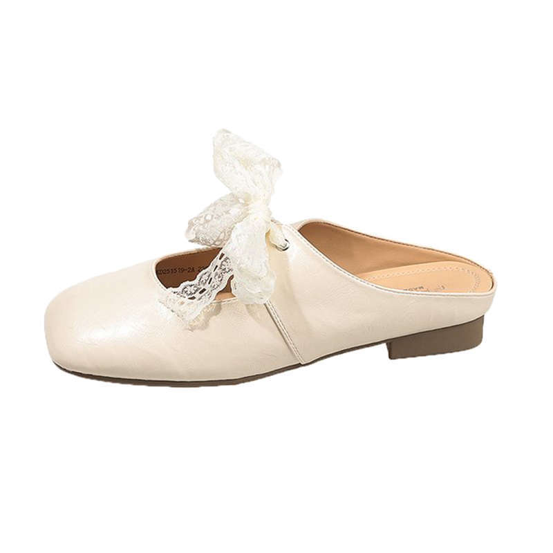 Low-heeled Lace Bow Mary Jane Sandals Women's Outer Wear 2025 Spring and Summer New French Beautiful Bag Head Half Slippers