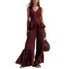 Women V Neck Sleeveless Top with Wide Leg Pants Ruffle Hem Tie Waist