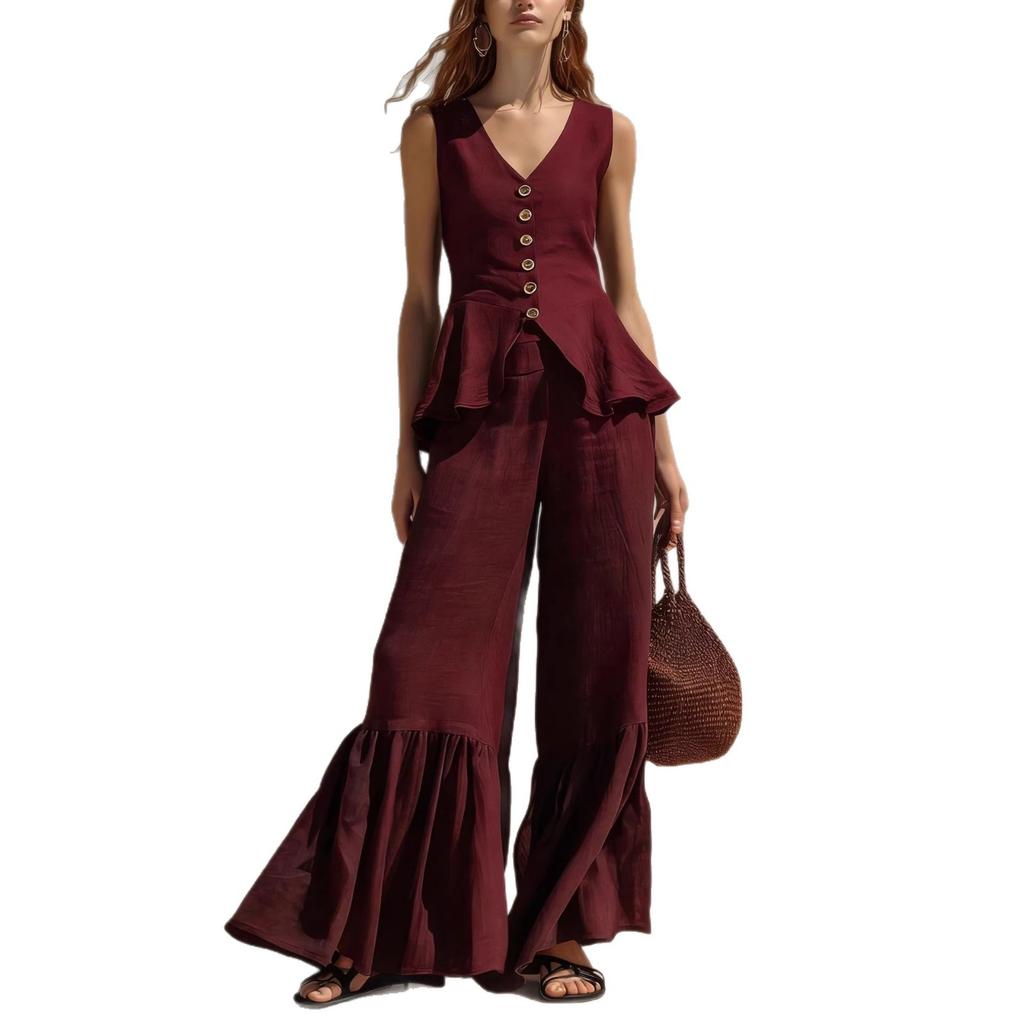 Women V Neck Sleeveless Top with Wide Leg Pants Ruffle Hem Tie Waist