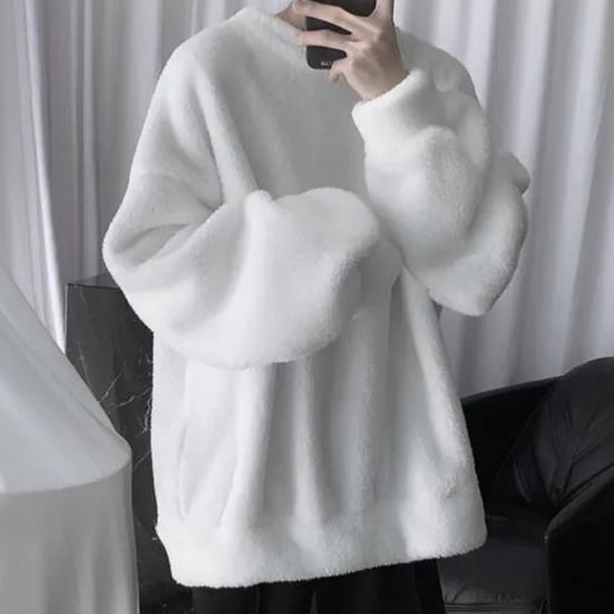 Men Sweatshirt Solid Color O Neck Loose Cozy Winter Top for Daily Wear