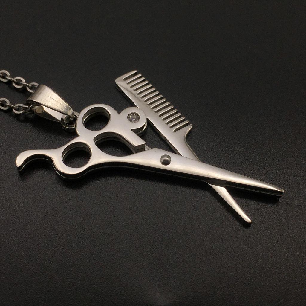Stainless Steel Hairdresser Scissors Comb Necklace Pendant - DG-022