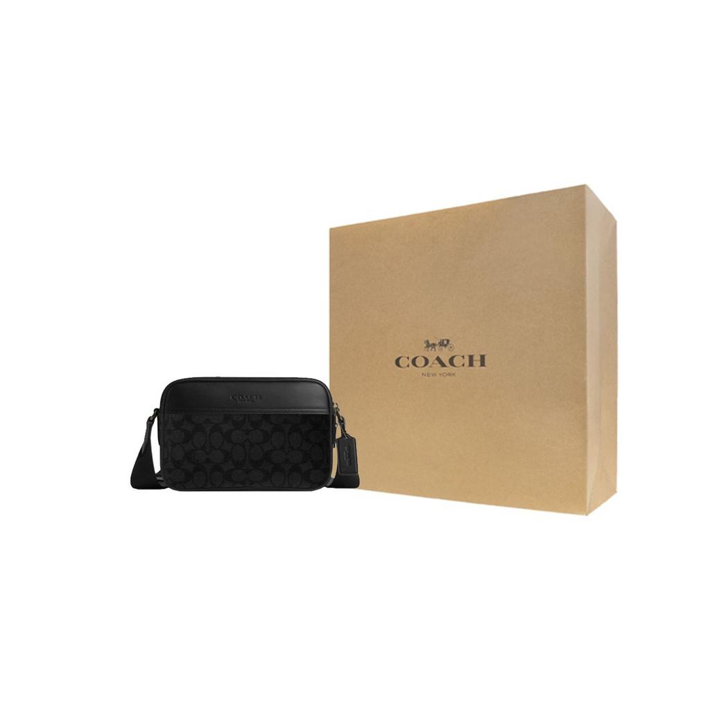 Coach Graham 23 Brand Logo Adjustable Shoulder Strap Faux Leather And Cowhide Crossbody Bag Medium Men crossbody bag Black CV921-QBMI5