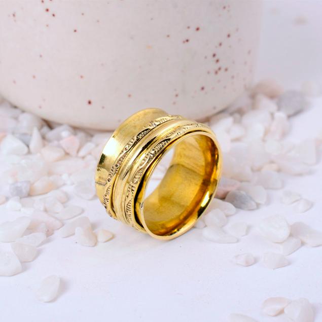 Two-Band Brass Spinner Fidget Ring | Woven Geometric & Floral Pattern | Unique Anxiety Relief Statement Accessory