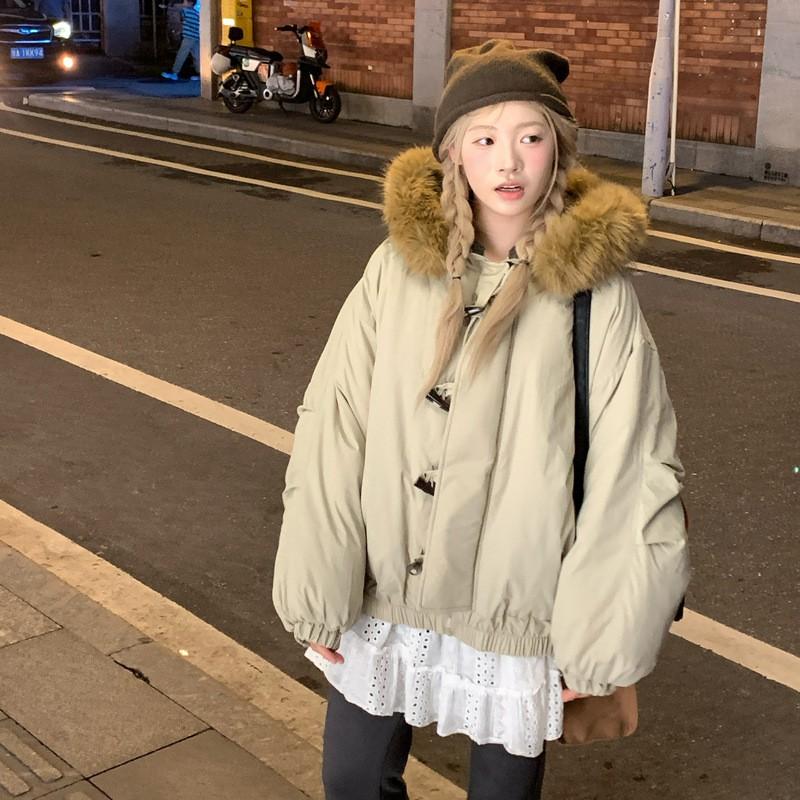 Womens Oversized Hooded Cotton Coat With Faux Fur Collar Button Front Loose Fit Winter Warm Jacket