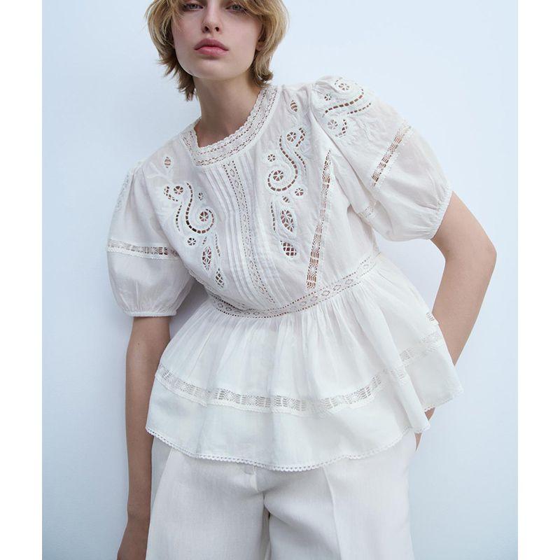 Summer New Arrival Women Clothes Cotton Round Neck Short Sleeve Embroidery Decoration Romantic Style Shirts Top 5107046