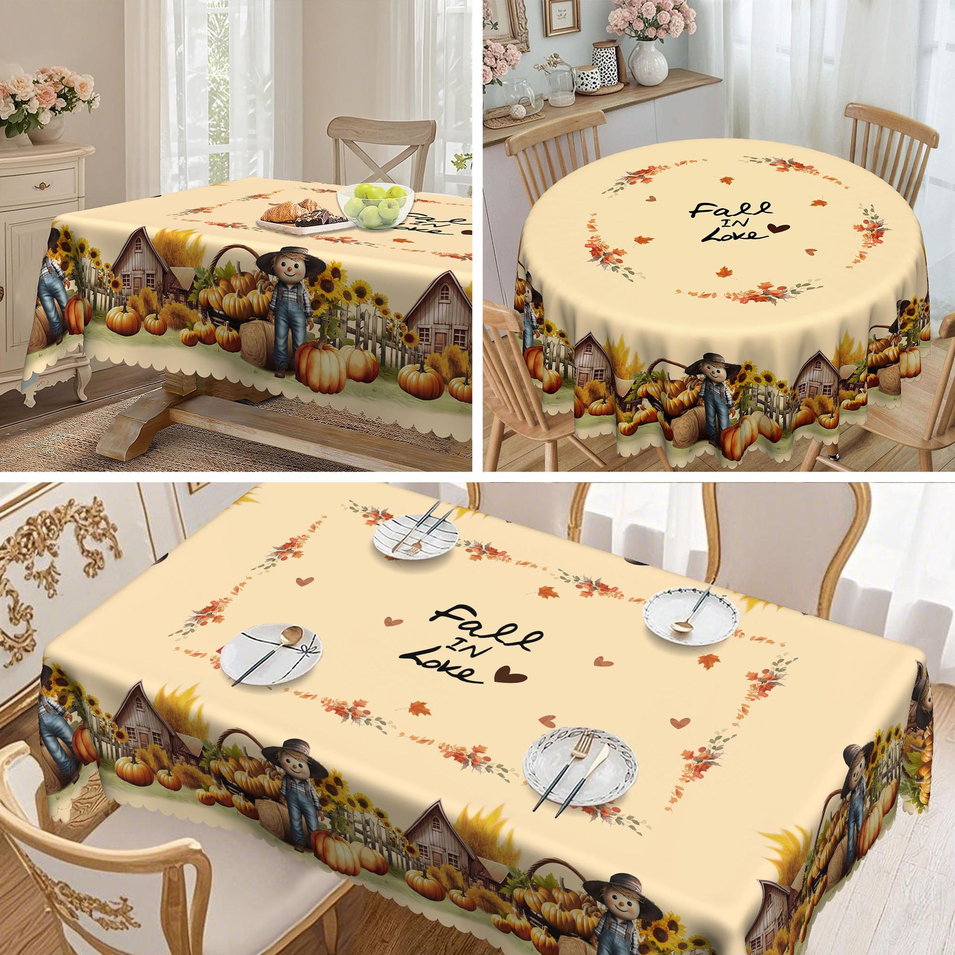 

1 Piece, Charming Scarecrow With Autumn Harvest Tablecloth, Rustic Grid And Farmhouse Atmosphere, Pumpkin, Sunflower round tablecloth-152x152cm